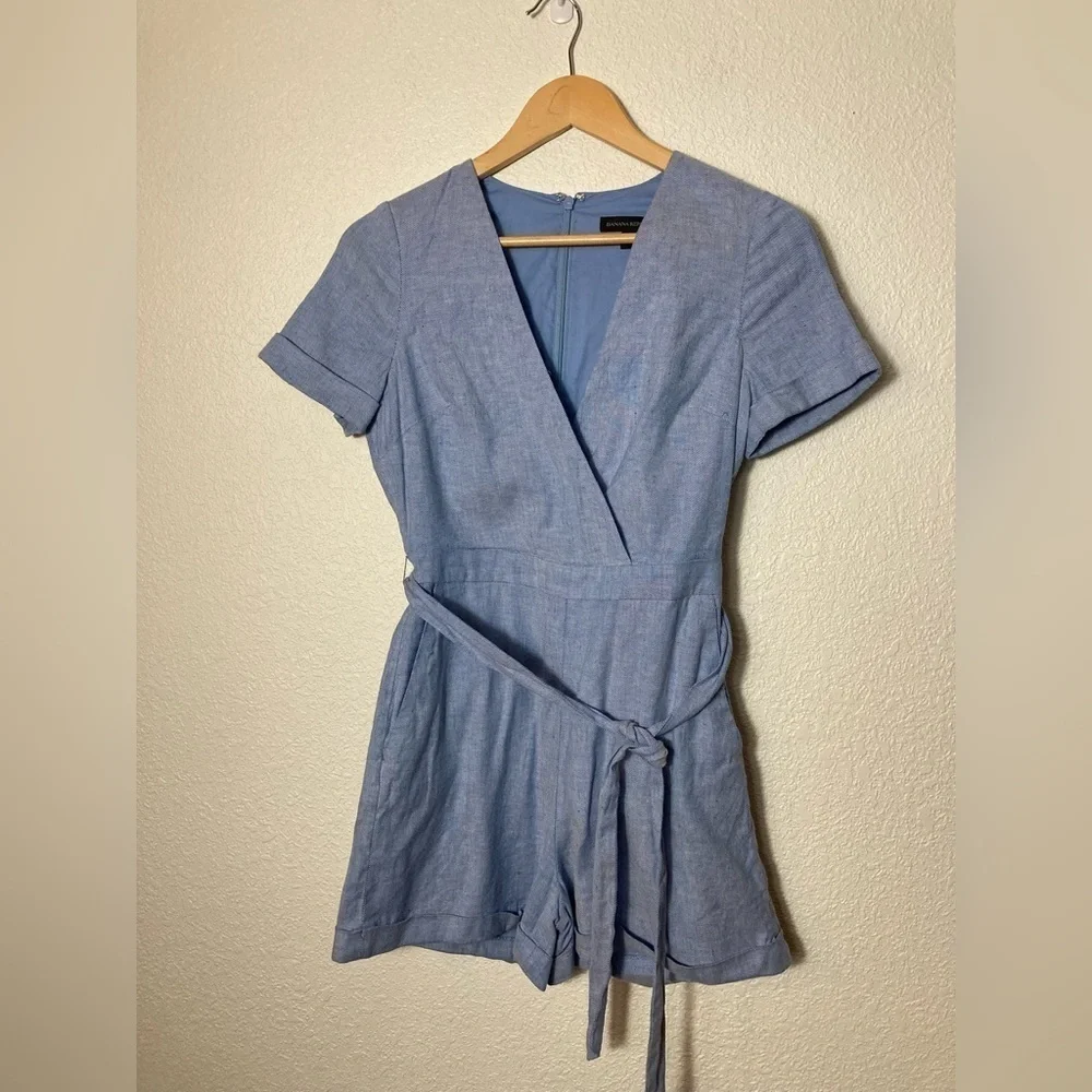 Banana Republic blue linen cotton blend wrap Romper jumpsuit shorts size 0